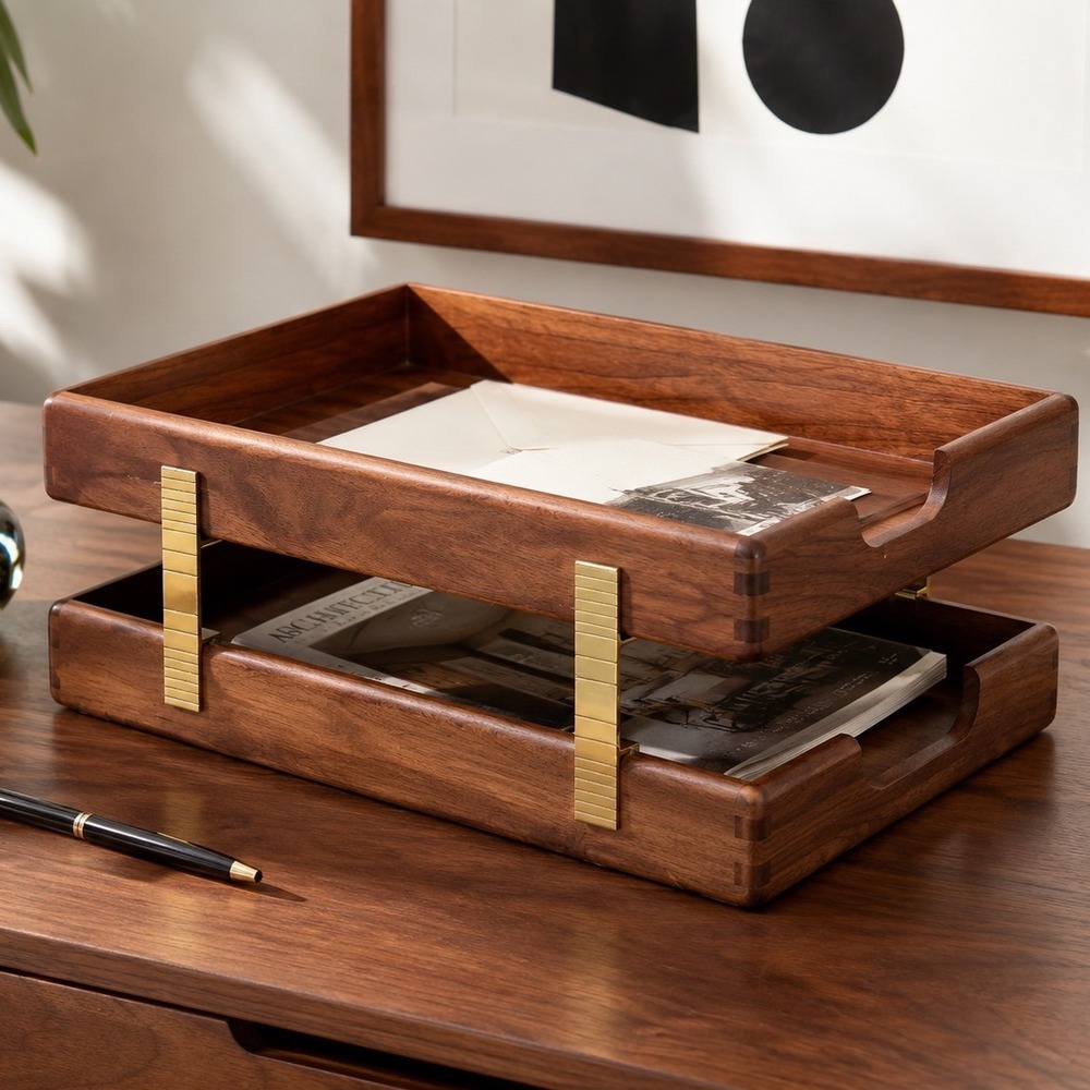 Vintage Walnut Desk Organizer Brass Letter Tray MCM Office File Sorter Modular